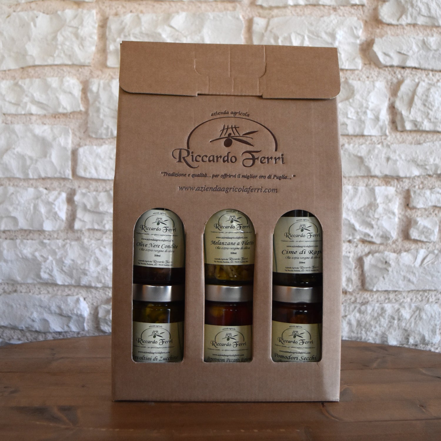 Koffer mit sechs Gläsern à 359 g gemischte Produkte in Öl mit extra nativem Olivenöl