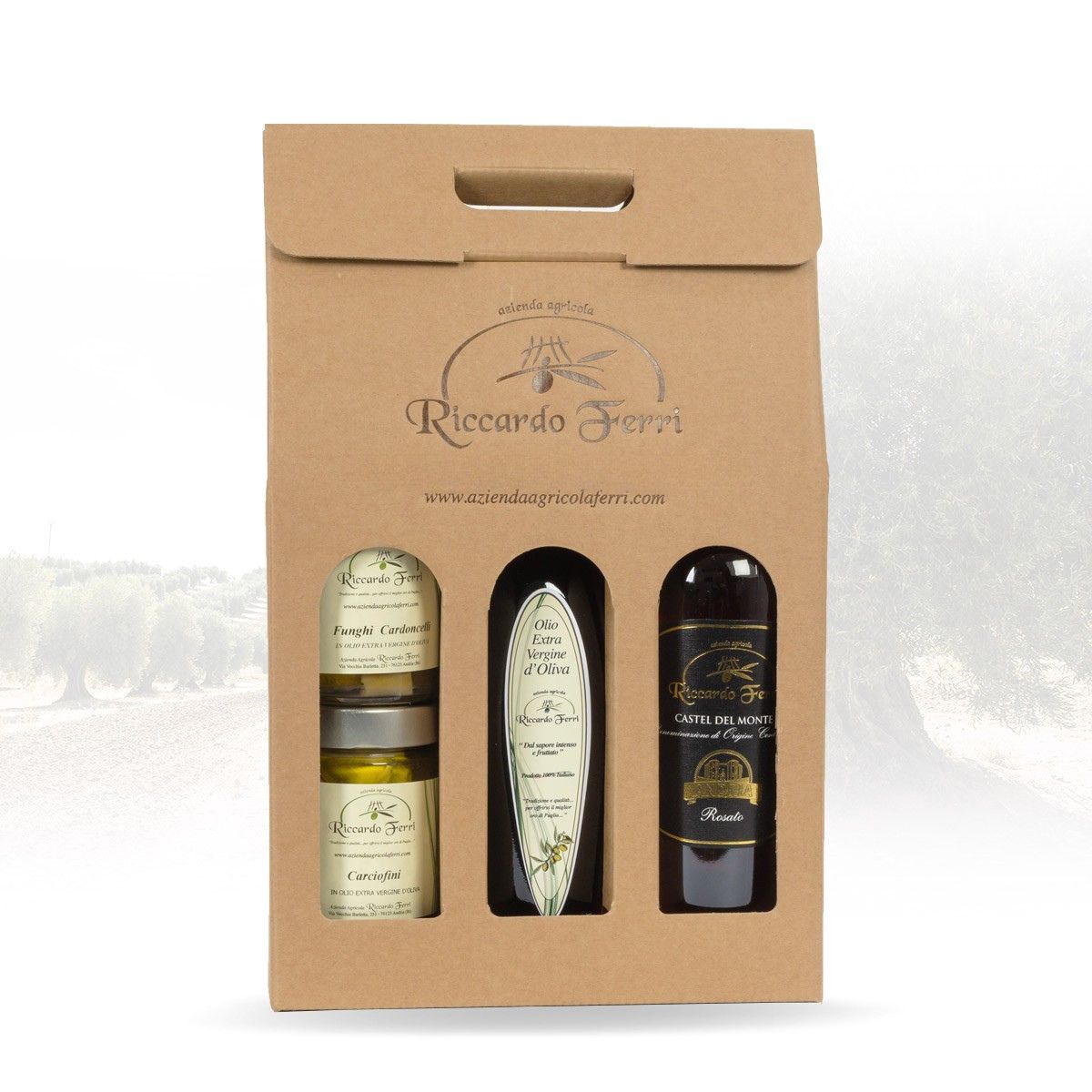 Case with assorted samples (2 packs of preserves, oil, rosé wine)