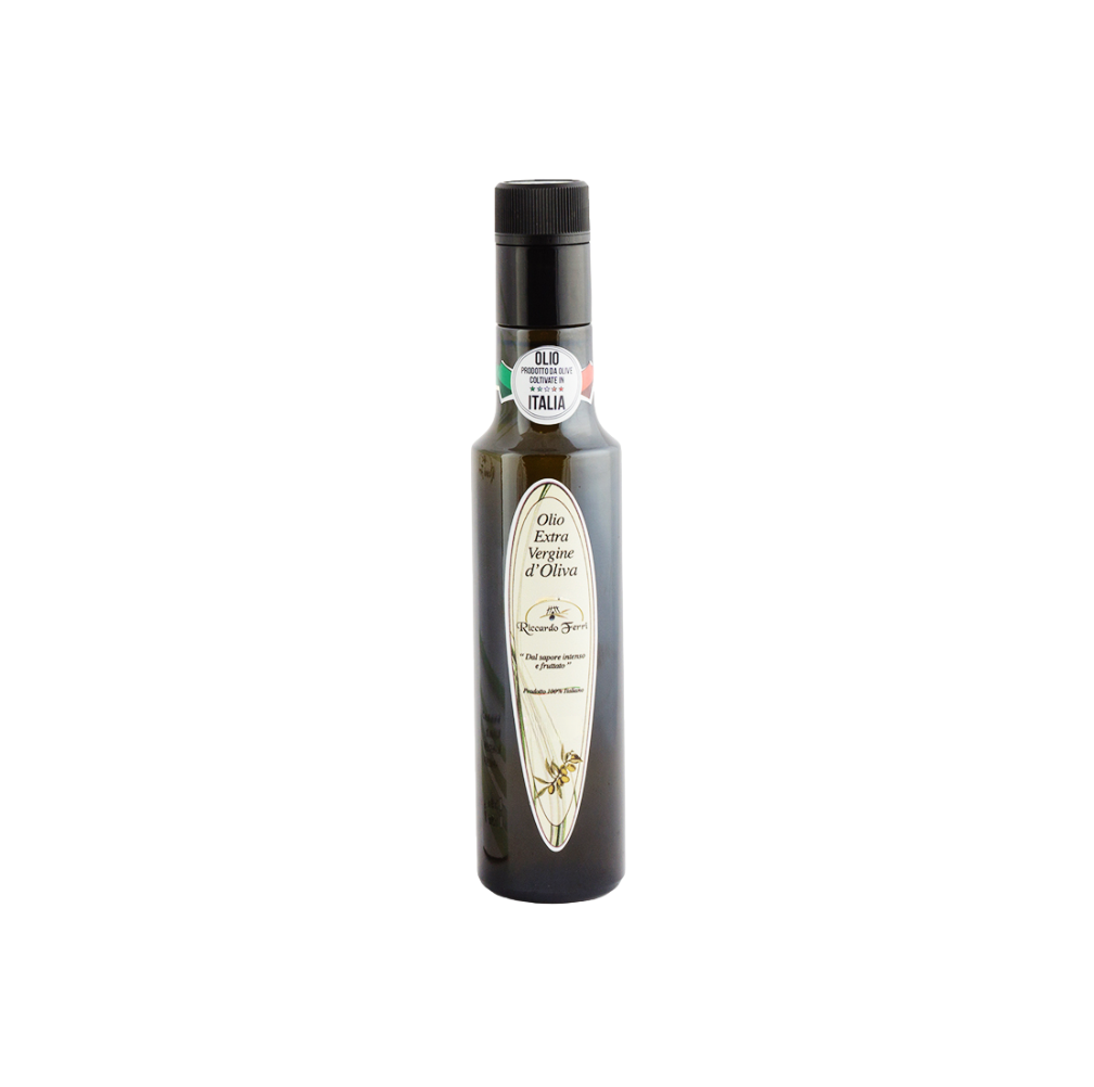 Bottiglia da 250 ml con tappo antirabbocco di olio extra vergine d’oliva 100% Italiano