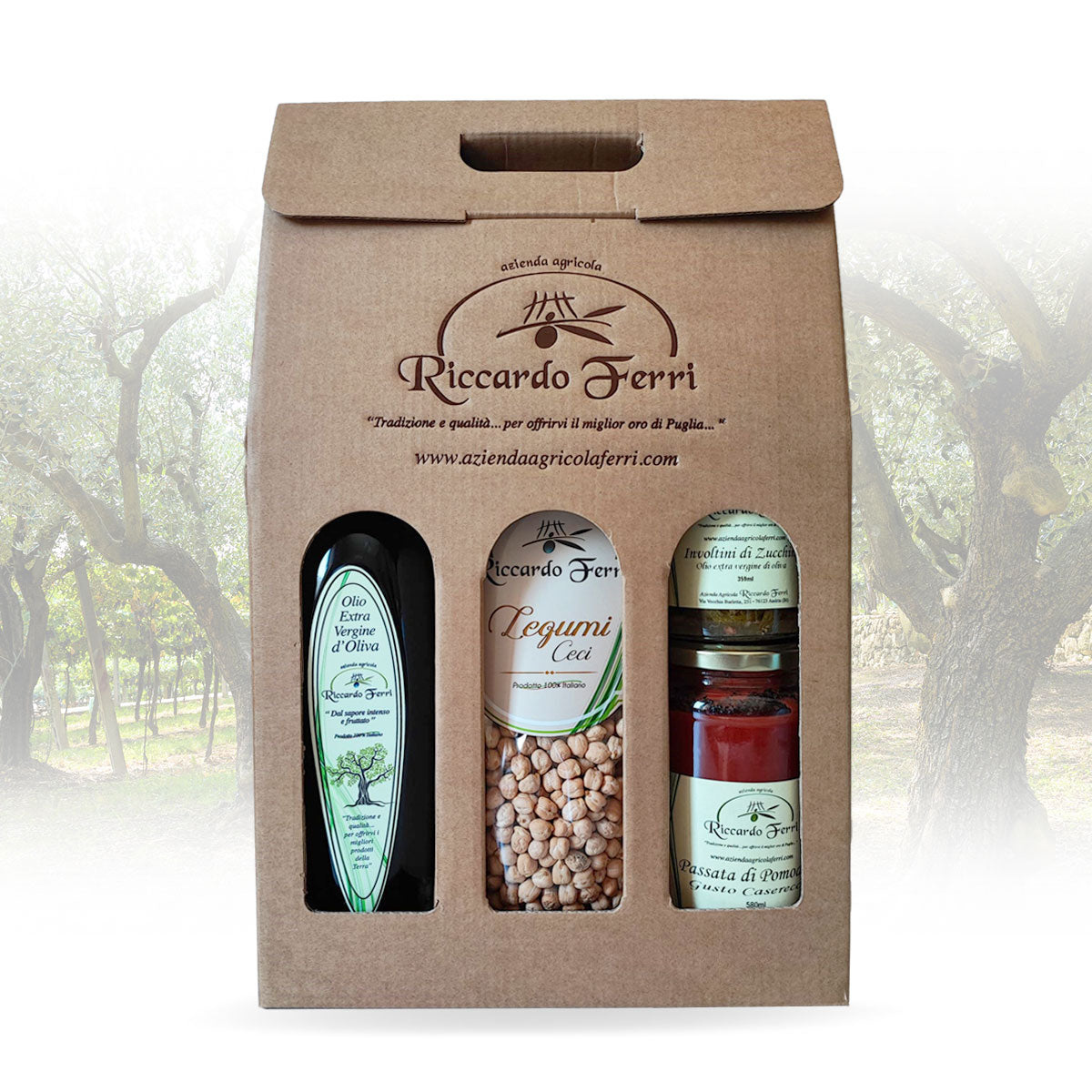 Case with assorted samples (oil, chickpeas, puree, preserves)