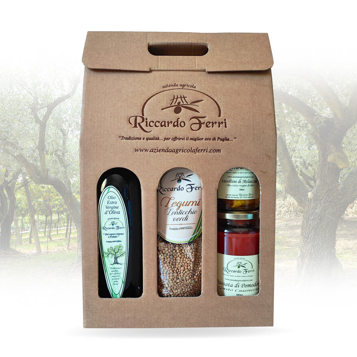 Case with assorted samples (oil, lentils, puree, preserves)